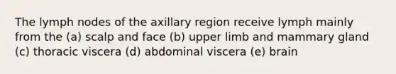 The lymph nodes of the axillary region receive lymph mainly from the (a) scalp and face (b) upper limb and mammary gland (c) thoracic viscera (d) abdominal viscera (e) brain