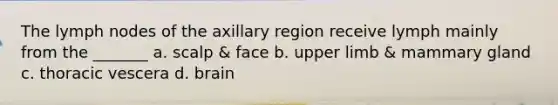 The lymph nodes of the axillary region receive lymph mainly from the _______ a. scalp & face b. upper limb & mammary gland c. thoracic vescera d. brain