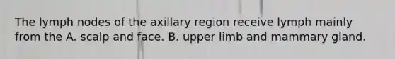 The lymph nodes of the axillary region receive lymph mainly from the A. scalp and face. B. <a href='https://www.questionai.com/knowledge/kJyXBSF4I2-upper-limb' class='anchor-knowledge'>upper limb</a> and mammary gland.