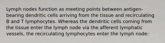 Lymph nodes function as meeting points between antigen-bearing dendritic cells arriving from the tissue and recirculating B and T lymphocytes. Whereas the dendritic cells coming from the tissue enter the lymph node via the afferent <a href='https://www.questionai.com/knowledge/ki6sUebkzn-lymphatic-vessels' class='anchor-knowledge'>lymphatic vessels</a>, the recirculating lymphocytes enter the lymph node: