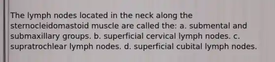 The lymph nodes located in the neck along the sternocleidomastoid muscle are called the: a. submental and submaxillary groups. b. superficial cervical lymph nodes. c. supratrochlear lymph nodes. d. superficial cubital lymph nodes.