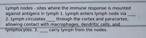 Lymph nodes - sites where the immune response is mounted against antigens in lymph 1. Lymph enters lymph node via ____ 2. Lymph circulates ____ through the cortex and paracortex, allowing contact with macrophages, dendritic cells, and lymphocytes. 3. ____ carry lymph from the nodes.