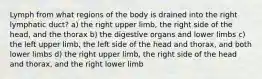 Lymph from what regions of the body is drained into the right lymphatic duct? a) the right upper limb, the right side of the head, and the thorax b) the digestive organs and lower limbs c) the left upper limb, the left side of the head and thorax, and both lower limbs d) the right upper limb, the right side of the head and thorax, and the right lower limb