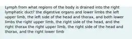 Lymph from what regions of the body is drained into the right lymphatic duct? the digestive organs and lower limbs the left upper limb, the left side of the head and thorax, and both lower limbs the right upper limb, the right side of the head, and the right thorax the right upper limb, the right side of the head and thorax, and the right lower limb