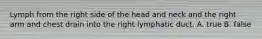 Lymph from the right side of the head and neck and the right arm and chest drain into the right lymphatic duct. A. true B. false