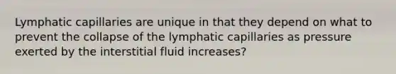 Lymphatic capillaries are unique in that they depend on what to prevent the collapse of the lymphatic capillaries as pressure exerted by the interstitial fluid increases?