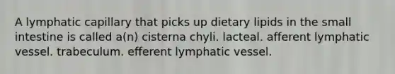 A lymphatic capillary that picks up dietary lipids in the small intestine is called a(n) cisterna chyli. lacteal. afferent lymphatic vessel. trabeculum. efferent lymphatic vessel.