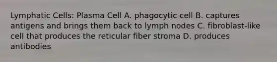 Lymphatic Cells: Plasma Cell A. phagocytic cell B. captures antigens and brings them back to lymph nodes C. fibroblast-like cell that produces the reticular fiber stroma D. produces antibodies