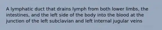 A lymphatic duct that drains lymph from both lower limbs, the intestines, and the left side of the body into the blood at the junction of the left subclavian and left internal jugular veins