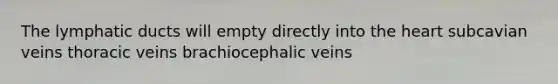 The lymphatic ducts will empty directly into the heart subcavian veins thoracic veins brachiocephalic veins