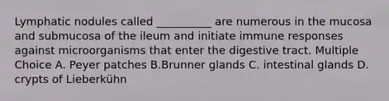 Lymphatic nodules called __________ are numerous in the mucosa and submucosa of the ileum and initiate immune responses against microorganisms that enter the digestive tract. Multiple Choice A. Peyer patches B.Brunner glands C. intestinal glands D. crypts of Lieberkühn