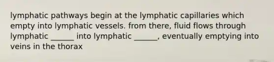 lymphatic pathways begin at the lymphatic capillaries which empty into lymphatic vessels. from there, fluid flows through lymphatic ______ into lymphatic ______, eventually emptying into veins in the thorax