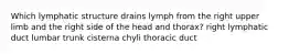 Which lymphatic structure drains lymph from the right upper limb and the right side of the head and thorax? right lymphatic duct lumbar trunk cisterna chyli thoracic duct