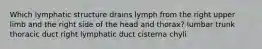 Which lymphatic structure drains lymph from the right upper limb and the right side of the head and thorax? lumbar trunk thoracic duct right lymphatic duct cisterna chyli