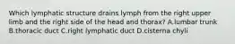 Which lymphatic structure drains lymph from the right upper limb and the right side of the head and thorax? A.lumbar trunk B.thoracic duct C.right lymphatic duct D.cisterna chyli