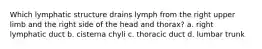 Which lymphatic structure drains lymph from the right upper limb and the right side of the head and thorax? a. right lymphatic duct b. cisterna chyli c. thoracic duct d. lumbar trunk