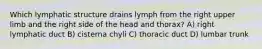 Which lymphatic structure drains lymph from the right upper limb and the right side of the head and thorax? A) right lymphatic duct B) cisterna chyli C) thoracic duct D) lumbar trunk