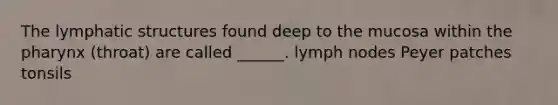 The lymphatic structures found deep to the mucosa within <a href='https://www.questionai.com/knowledge/ktW97n6hGJ-the-pharynx' class='anchor-knowledge'>the pharynx</a> (throat) are called ______. lymph nodes Peyer patches tonsils