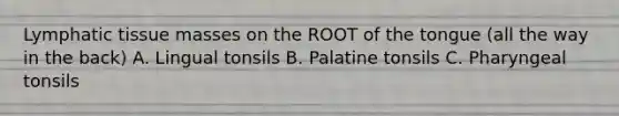 Lymphatic tissue masses on the ROOT of the tongue (all the way in the back) A. Lingual tonsils B. Palatine tonsils C. Pharyngeal tonsils