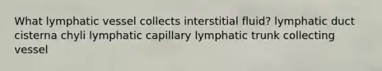 What lymphatic vessel collects interstitial fluid? lymphatic duct cisterna chyli lymphatic capillary lymphatic trunk collecting vessel