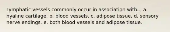Lymphatic vessels commonly occur in association with... a. hyaline cartilage. b. blood vessels. c. adipose tissue. d. sensory nerve endings. e. both blood vessels and adipose tissue.