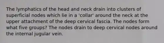 The lymphatics of the head and neck drain into clusters of superficial nodes which lie in a 'collar' around the neck at the upper attachment of the deep cervical fascia. The nodes form what five groups? The nodes drain to deep cervical nodes around the internal jugular vein.