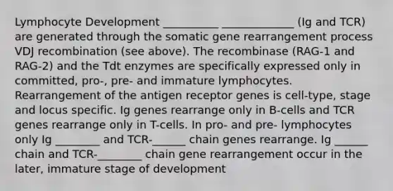 Lymphocyte Development __________ _____________ (Ig and TCR) are generated through the somatic gene rearrangement process VDJ recombination (see above). The recombinase (RAG-1 and RAG-2) and the Tdt enzymes are specifically expressed only in committed, pro-, pre- and immature lymphocytes. Rearrangement of the antigen receptor genes is cell-type, stage and locus specific. Ig genes rearrange only in B-cells and TCR genes rearrange only in T-cells. In pro- and pre- lymphocytes only Ig ________ and TCR-______ chain genes rearrange. Ig ______ chain and TCR-________ chain gene rearrangement occur in the later, immature stage of development