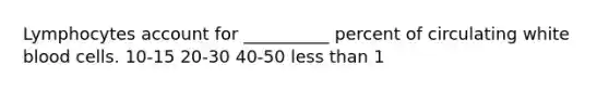 Lymphocytes account for __________ percent of circulating white blood cells. 10-15 20-30 40-50 less than 1