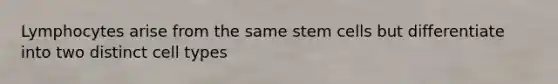 Lymphocytes arise from the same stem cells but differentiate into two distinct cell types