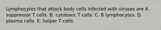 Lymphocytes that attack body cells infected with viruses are A. suppressor T cells. B. cytotoxic T cells. C. B lymphocytes. D. plasma cells. E. helper T cells.