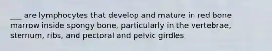 ___ are lymphocytes that develop and mature in red bone marrow inside spongy bone, particularly in the vertebrae, sternum, ribs, and pectoral and pelvic girdles