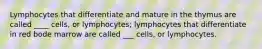 Lymphocytes that differentiate and mature in the thymus are called ____ cells, or lymphocytes; lymphocytes that differentiate in red bode marrow are called ___ cells, or lymphocytes.