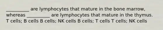 __________ are lymphocytes that mature in the bone marrow, whereas __________ are lymphocytes that mature in the thymus. T cells; B cells B cells; NK cells B cells; T cells T cells; NK cells