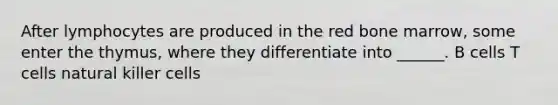 After lymphocytes are produced in the red bone marrow, some enter the thymus, where they differentiate into ______. B cells T cells natural killer cells