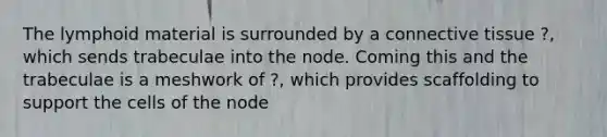 The lymphoid material is surrounded by a connective tissue ?, which sends trabeculae into the node. Coming this and the trabeculae is a meshwork of ?, which provides scaffolding to support the cells of the node