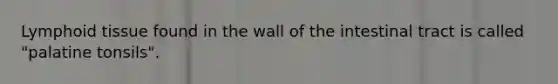Lymphoid tissue found in the wall of the intestinal tract is called "palatine tonsils".