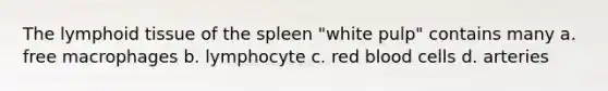 The lymphoid tissue of the spleen "white pulp" contains many a. free macrophages b. lymphocyte c. red blood cells d. arteries