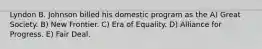 Lyndon B. Johnson billed his domestic program as the A) Great Society. B) New Frontier. C) Era of Equality. D) Alliance for Progress. E) Fair Deal.