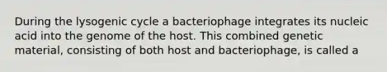 During the lysogenic cycle a bacteriophage integrates its nucleic acid into the genome of the host. This combined genetic material, consisting of both host and bacteriophage, is called a