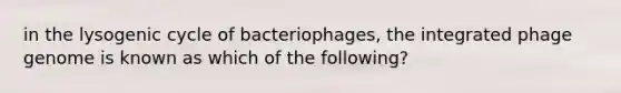 in the lysogenic cycle of bacteriophages, the integrated phage genome is known as which of the following?