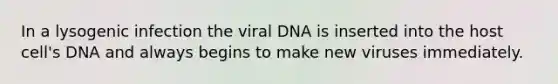 In a lysogenic infection the viral DNA is inserted into the host cell's DNA and always begins to make new viruses immediately.