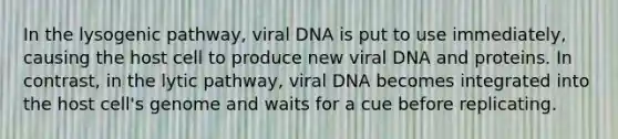 In the lysogenic pathway, viral DNA is put to use immediately, causing the host cell to produce new viral DNA and proteins. In contrast, in the lytic pathway, viral DNA becomes integrated into the host cell's genome and waits for a cue before replicating.