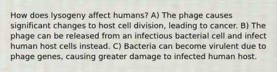 How does lysogeny affect humans? A) The phage causes significant changes to host cell division, leading to cancer. B) The phage can be released from an infectious bacterial cell and infect human host cells instead. C) Bacteria can become virulent due to phage genes, causing greater damage to infected human host.