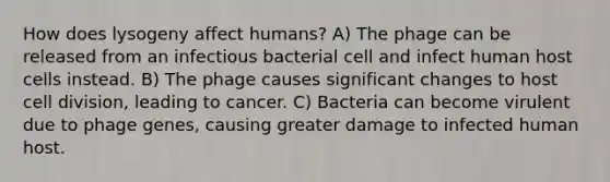 How does lysogeny affect humans? A) The phage can be released from an infectious bacterial cell and infect human host cells instead. B) The phage causes significant changes to host cell division, leading to cancer. C) Bacteria can become virulent due to phage genes, causing greater damage to infected human host.