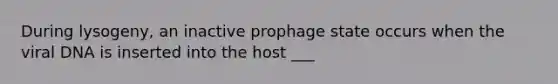 During lysogeny, an inactive prophage state occurs when the viral DNA is inserted into the host ___