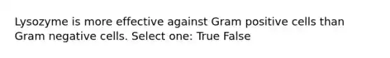 Lysozyme is more effective against Gram positive cells than Gram negative cells. Select one: True False