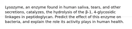 Lysozyme, an enzyme found in human saliva, tears, and other secretions, catalyzes, the hydrolysis of the β-1, 4-glycosidic linkages in peptidoglycan. Predict the effect of this enzyme on bacteria, and explain the role its activity plays in human health.