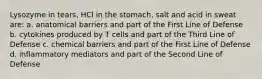 Lysozyme in tears, HCl in the stomach, salt and acid in sweat are: a. anatomical barriers and part of the First Line of Defense b. cytokines produced by T cells and part of the Third Line of Defense c. chemical barriers and part of the First Line of Defense d. inflammatory mediators and part of the Second Line of Defense