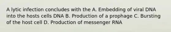 A lytic infection concludes with the A. Embedding of viral DNA into the hosts cells DNA B. Production of a prophage C. Bursting of the host cell D. Production of messenger RNA