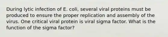 During lytic infection of E. coli, several viral proteins must be produced to ensure the proper replication and assembly of the virus. One critical viral protein is viral sigma factor. What is the function of the sigma factor?